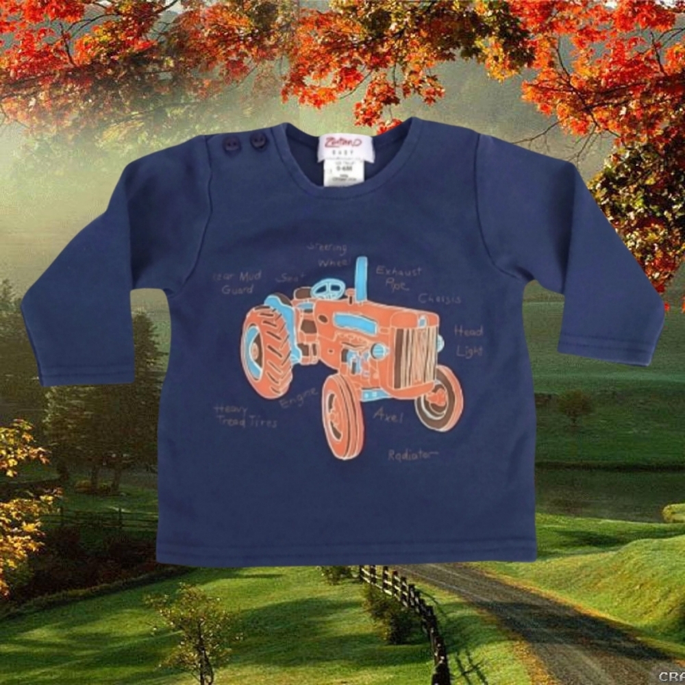Baby 0-6 Months Vintage Tractor Long Sleeve Tee 100% Cotton Tshirt Navy Blue
